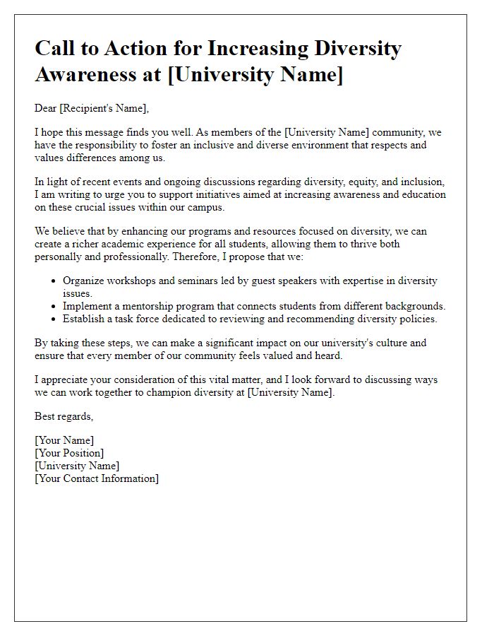 Letter template of call to action for increasing diversity awareness at the university