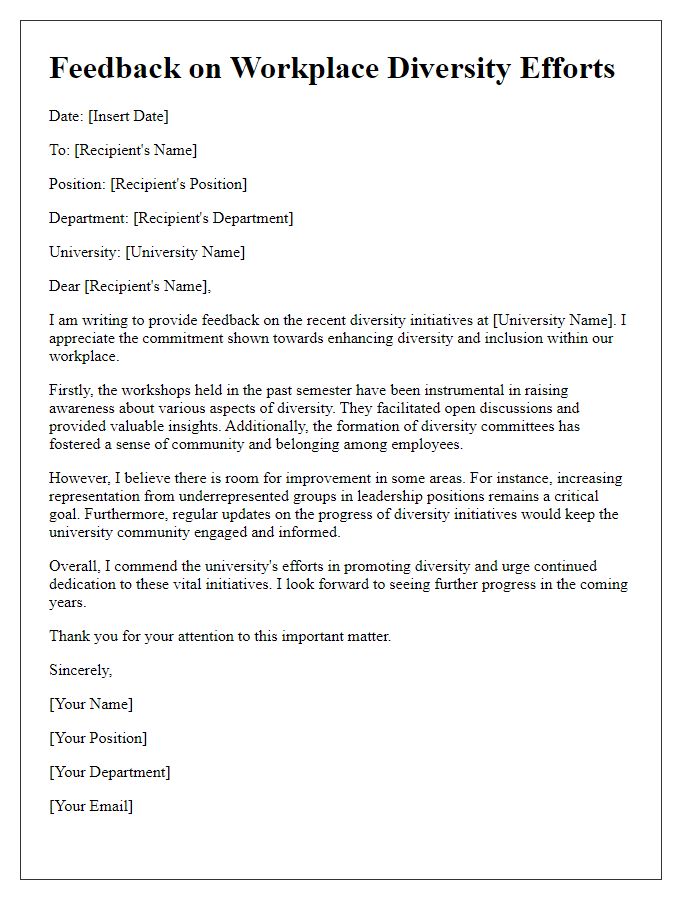 Letter template of feedback on university workplace diversity efforts