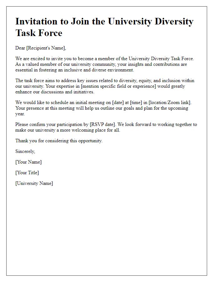 Letter template of invitation to join university diversity task force