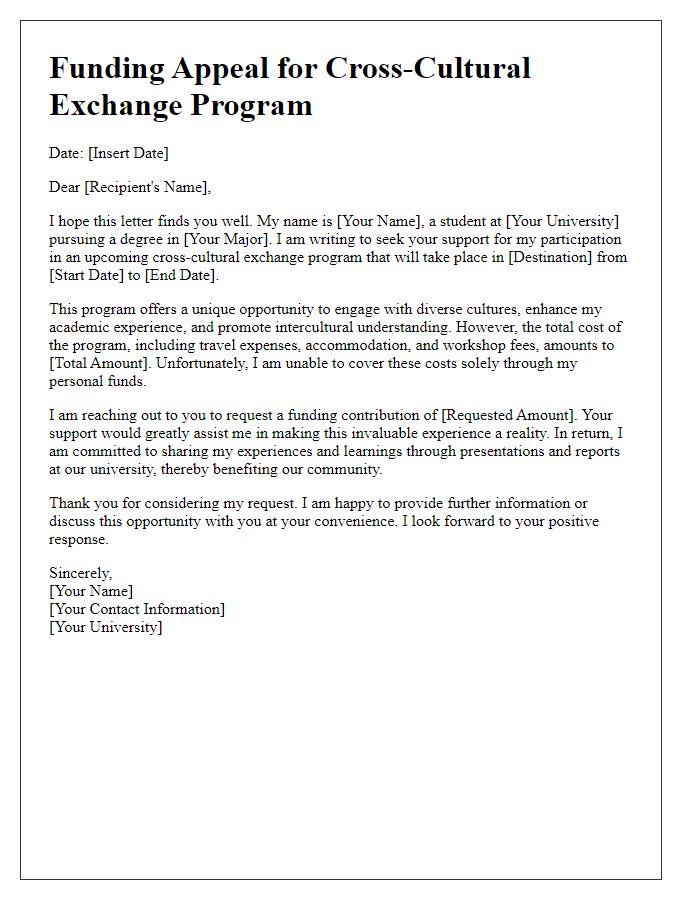 Letter template of appeal for funding for university cross-cultural exchange participation.