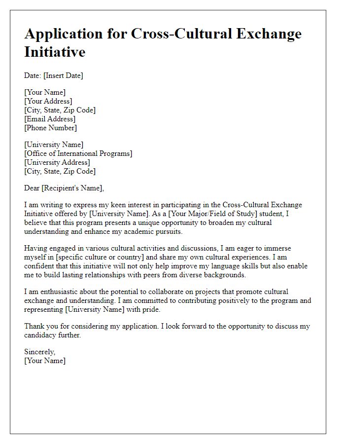 Letter template of application for a university cross-cultural exchange initiative.