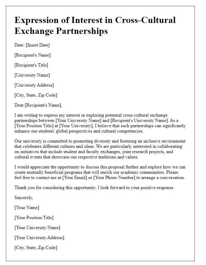 Letter template of expression of interest in university cross-cultural exchange partnerships.