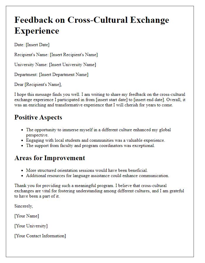 Letter template of feedback for a university cross-cultural exchange experience.