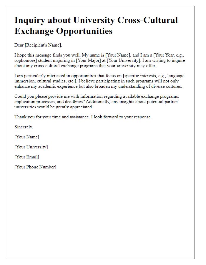 Letter template of inquiry about university cross-cultural exchange opportunities.