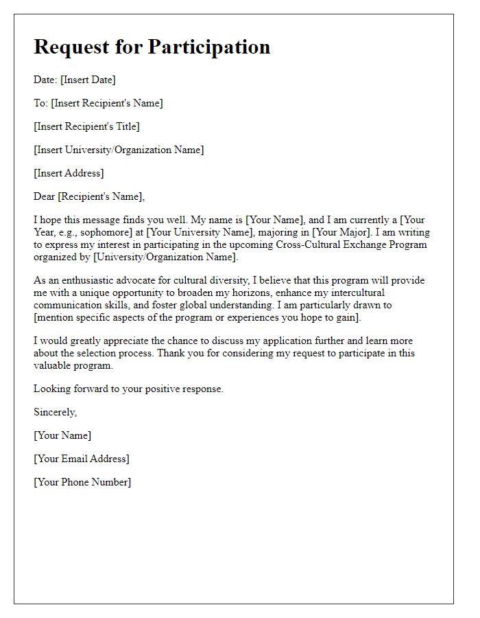 Letter template of request for participation in university cross-cultural exchange program.