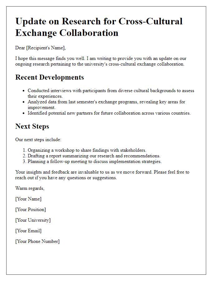 Letter template of update on research for university cross-cultural exchange collaboration.