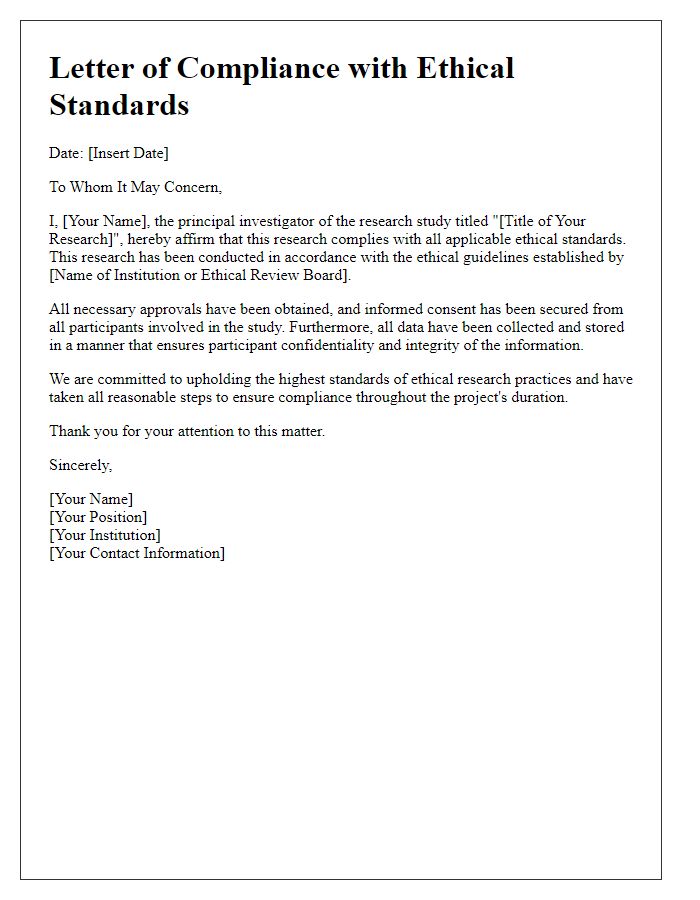 Letter template of compliance with ethical standards in academic research