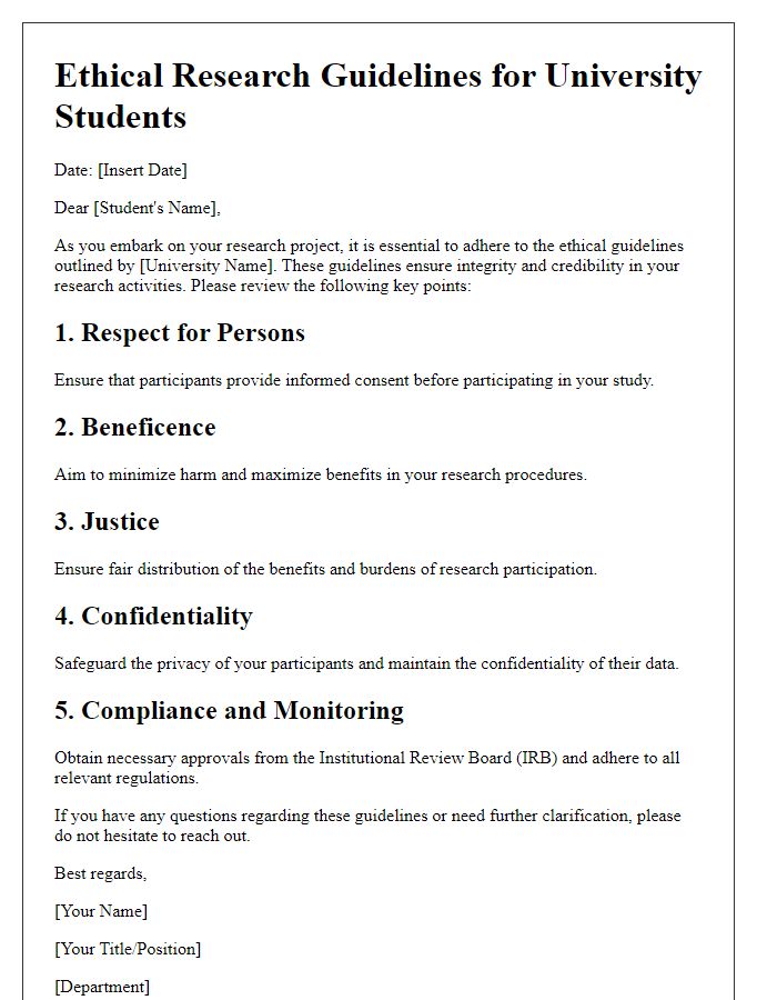 Letter template of ethical research guidelines for university students