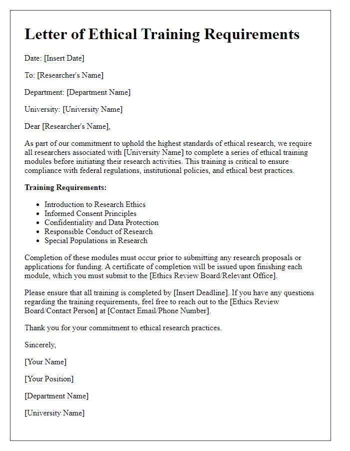 Letter template of ethical training requirements for university researchers