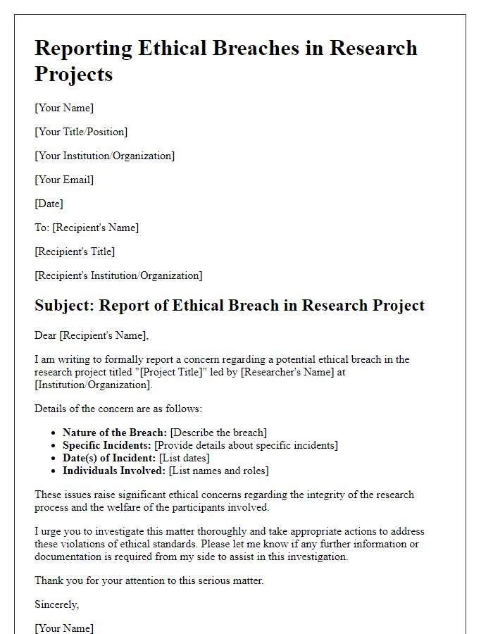 Letter template of reporting ethical breaches in research projects