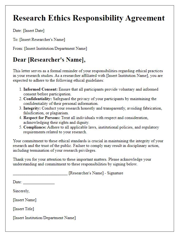 Letter template of researcher responsibilities regarding ethics in studies