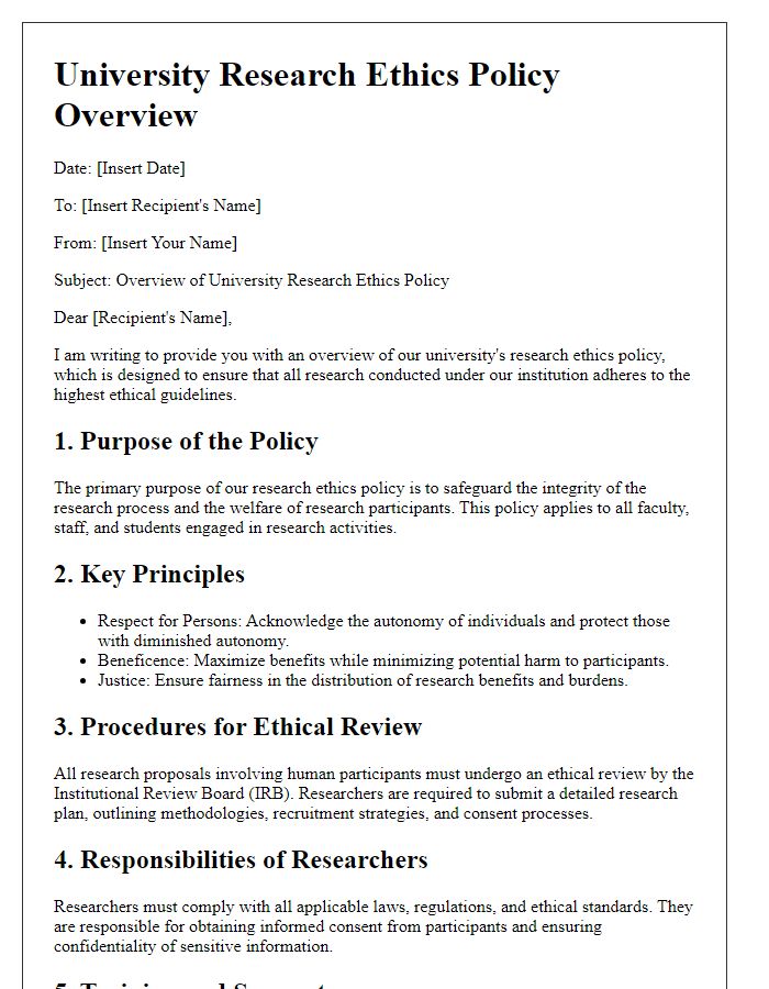 Letter template of university research ethics policy overview