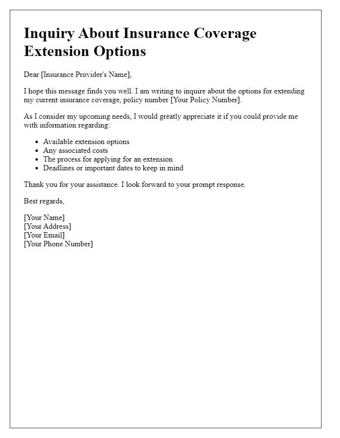 Letter template of inquiry about insurance coverage extension options