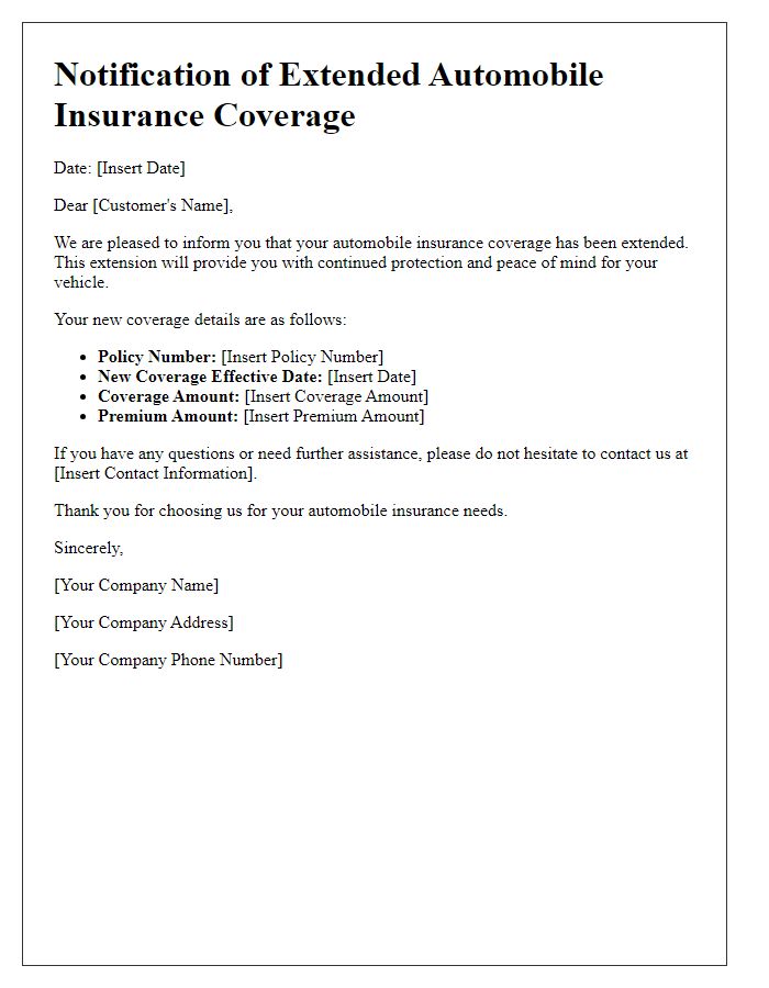 Letter template of notification regarding extended automobile insurance coverage