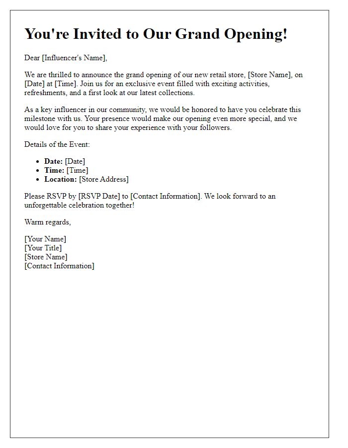 Letter template of retail store grand opening invitation for influencers