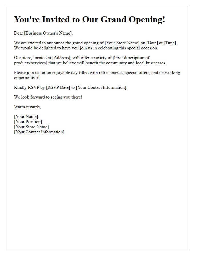 Letter template of retail store grand opening invitation for local businesses