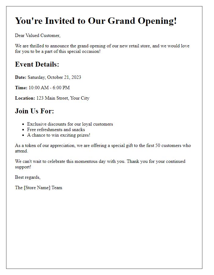 Letter template of retail store grand opening invitation for loyal customers