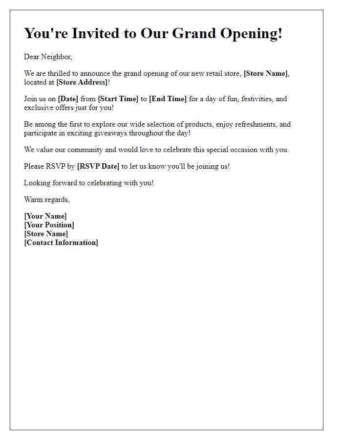 Letter template of retail store grand opening invitation for neighboring residents