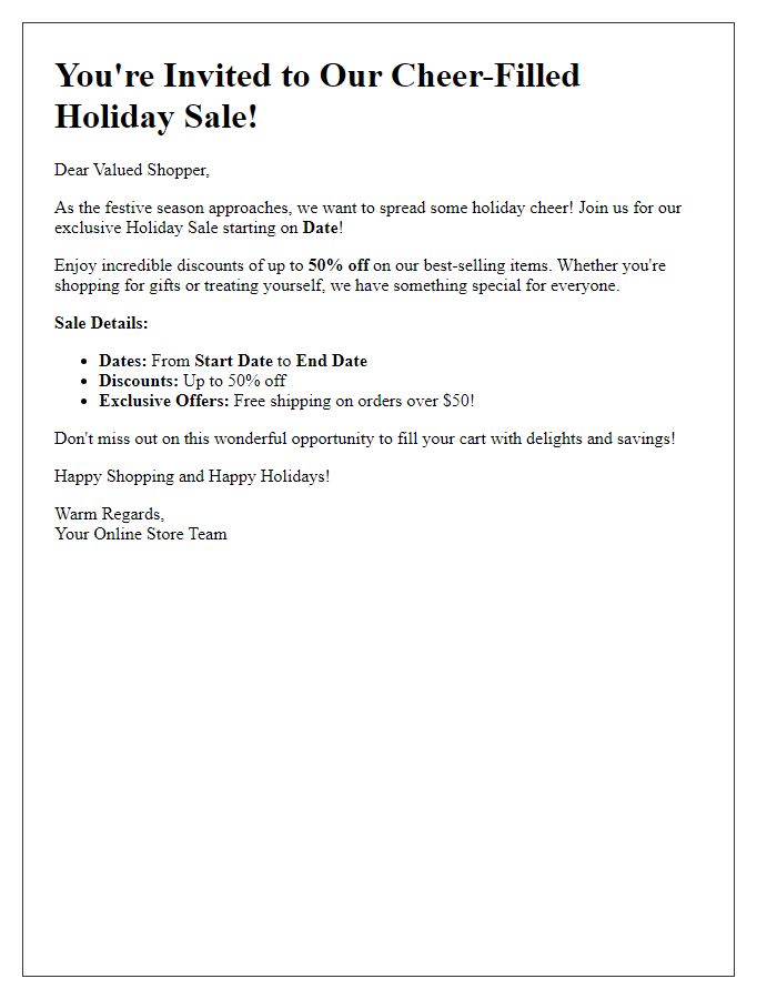 Letter template of cheer-filled holiday sale invitation for online shoppers