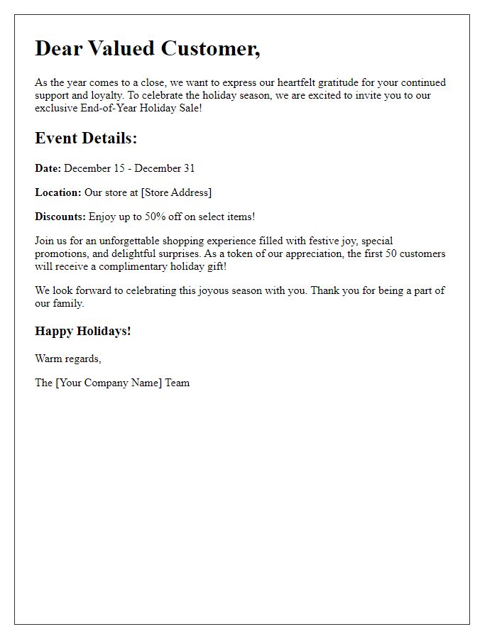 Letter template of end-of-year holiday sale invitation for our loyal clientele