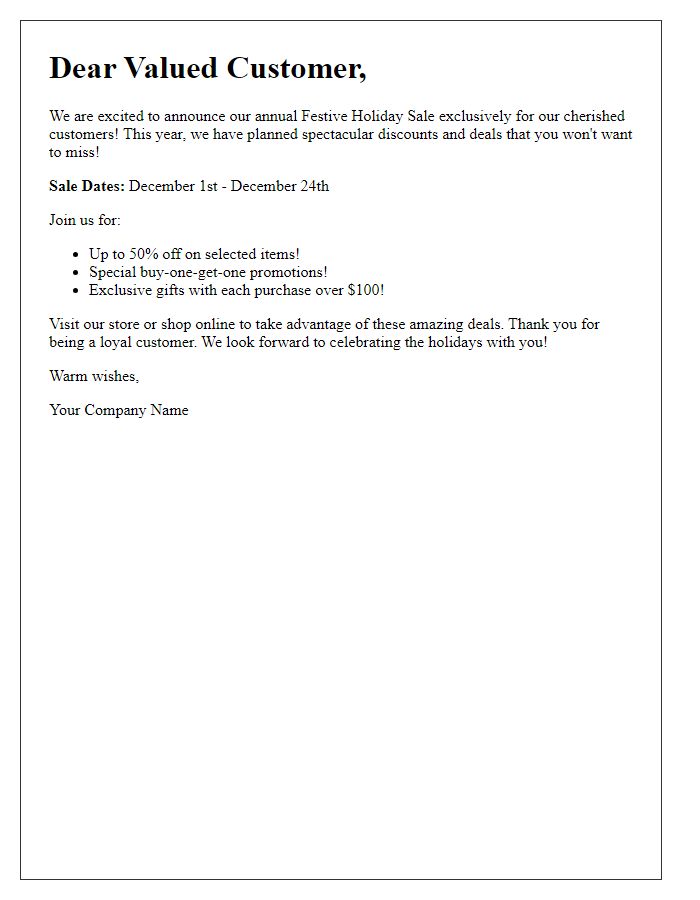 Letter template of festive holiday sale announcement to valued customers