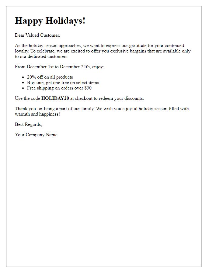 Letter template of merry holiday bargains notification to dedicated customers