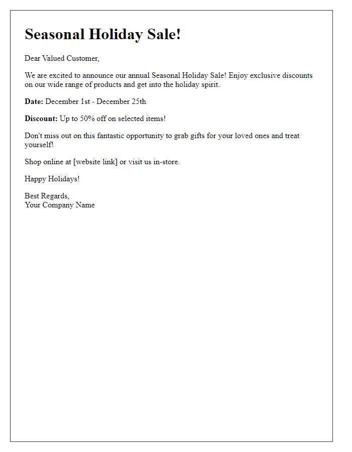 Letter template of seasonal holiday sale notification to all customers