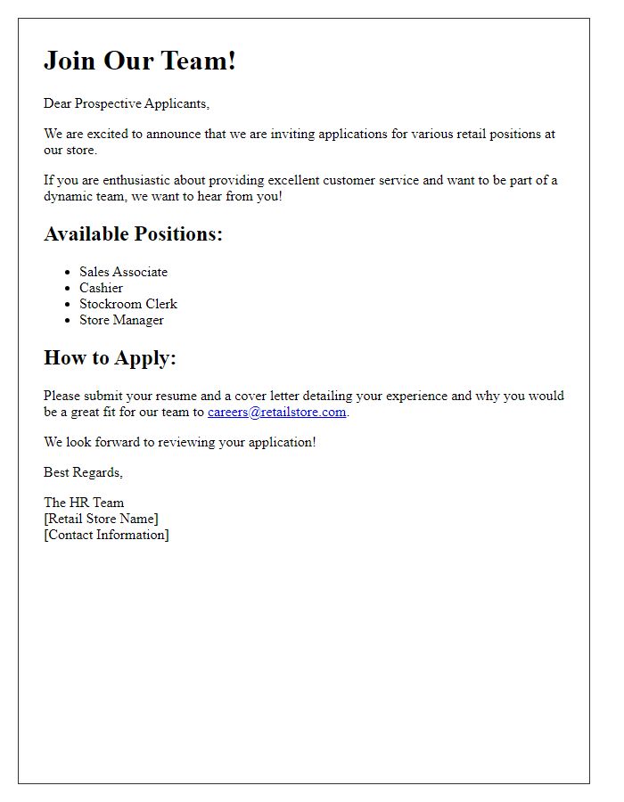 Letter template of inviting applications for retail positions