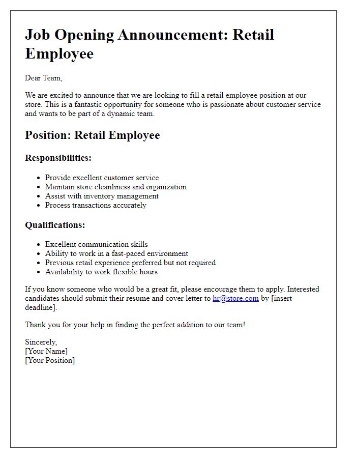 Letter template of retail employee job opening announcement