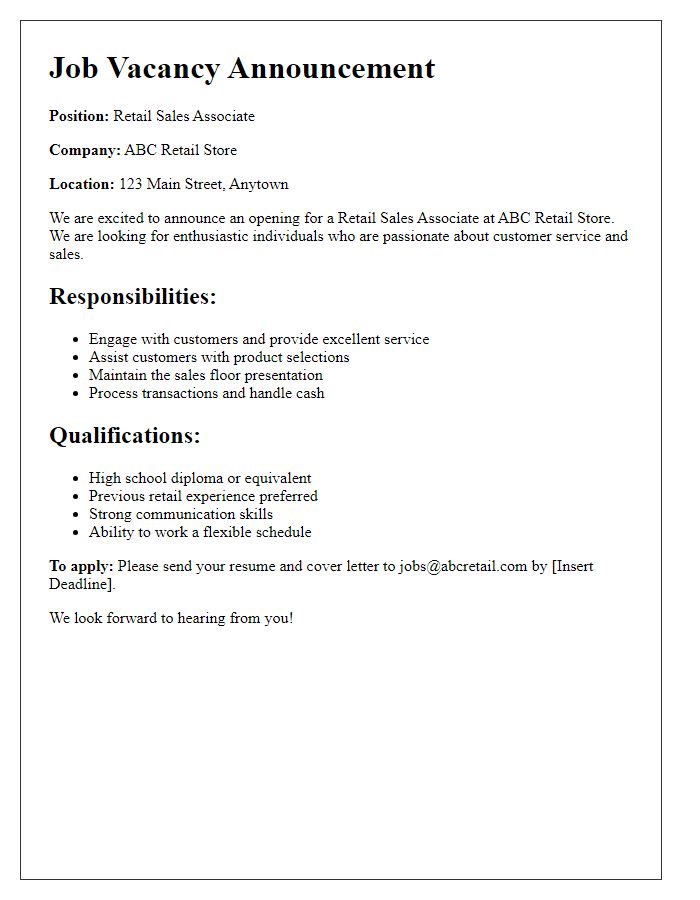 Letter template of retail job vacancy announcement