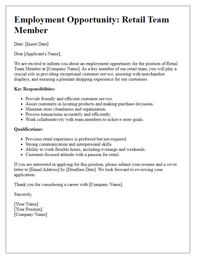 Letter template of retail team member employment opportunity