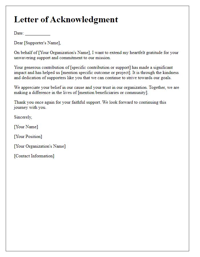 Letter template of acknowledgment for faithful supporters