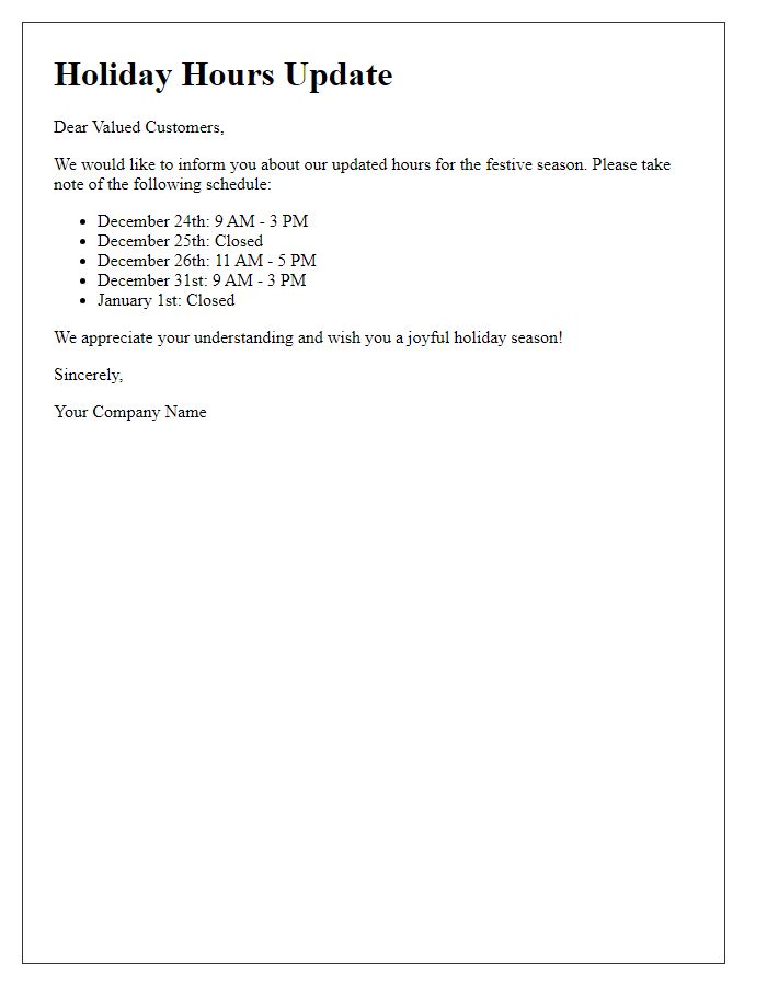 Letter template of festive season hours update