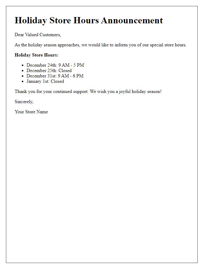 Letter template of holiday store hours announcement