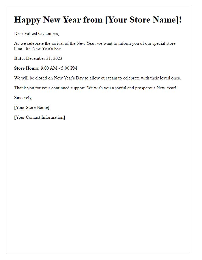 Letter template of New Years eve store hours