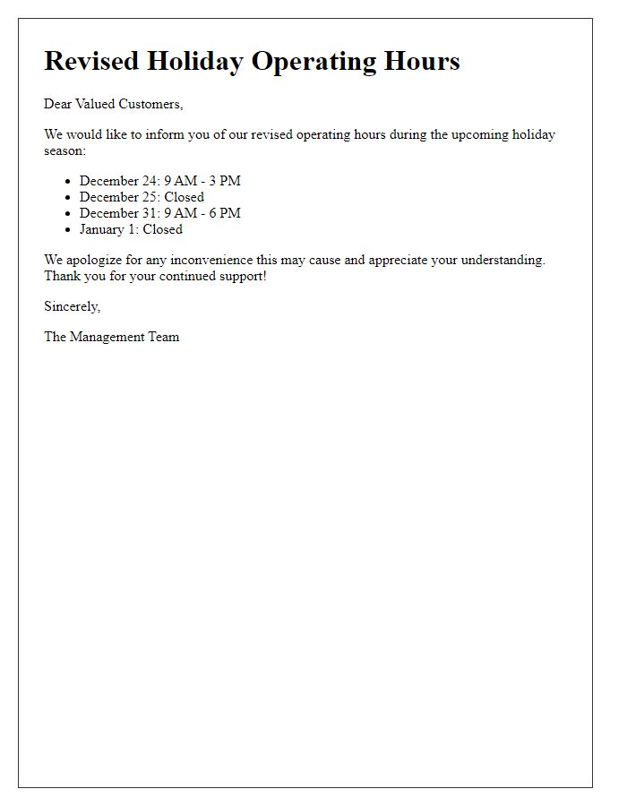 Letter template of revised holiday operating hours