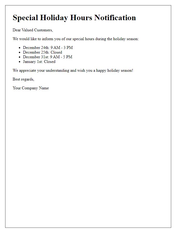 Letter template of special hours for the holiday season