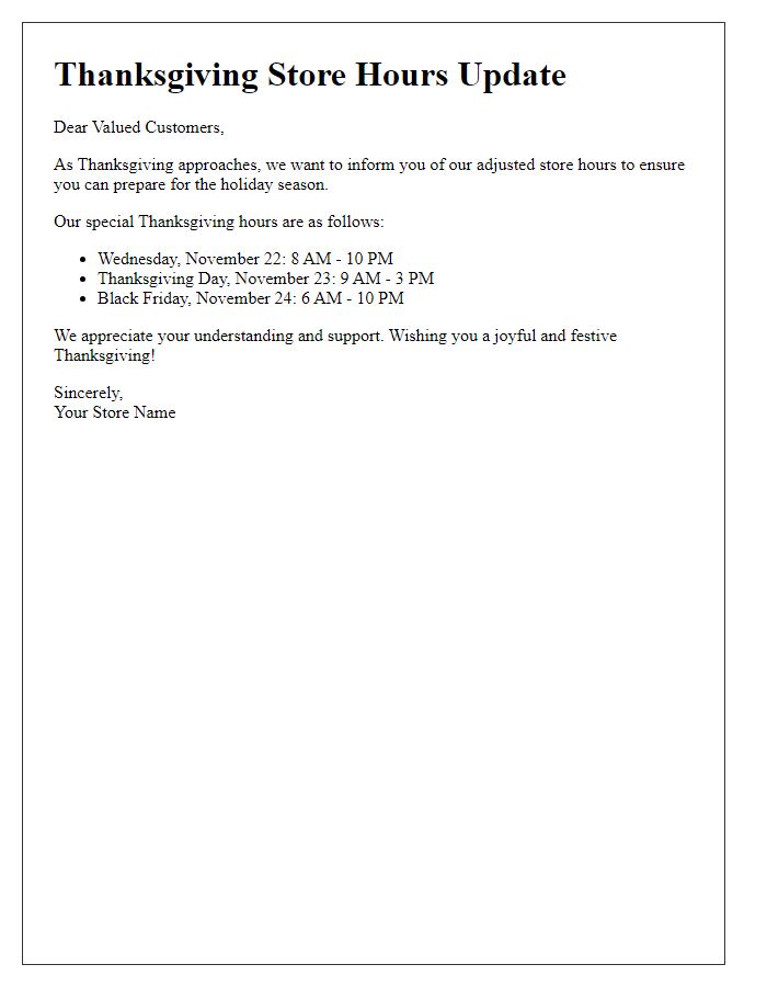 Letter template of Thanksgiving store hours update