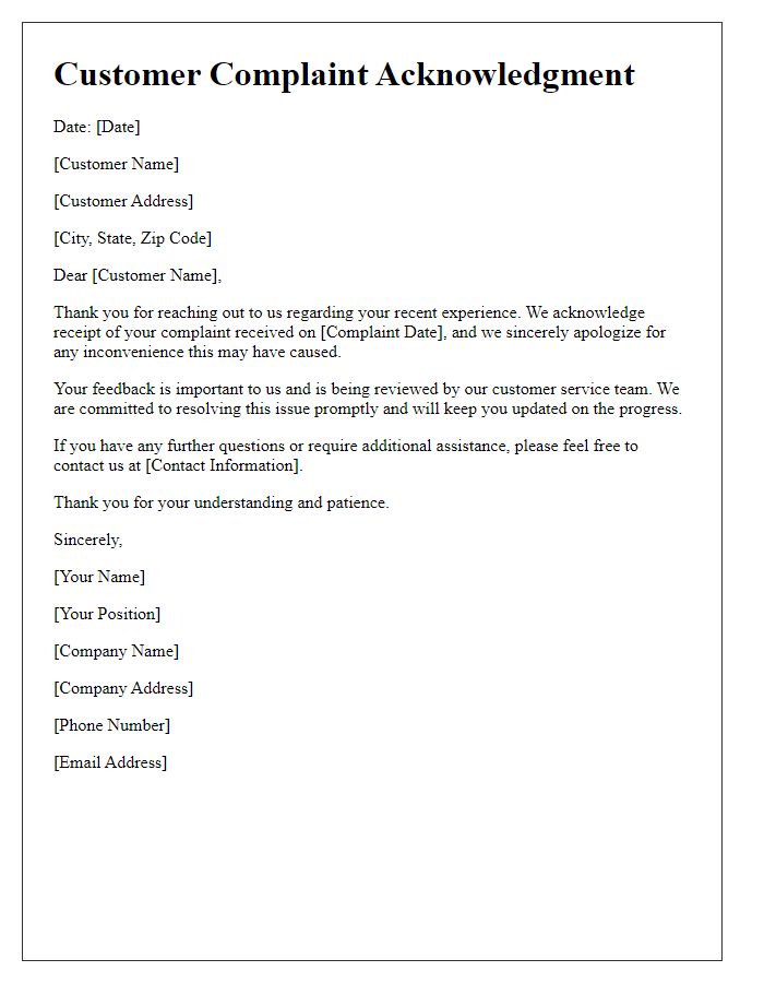 Letter template of acknowledgment for customer complaint response