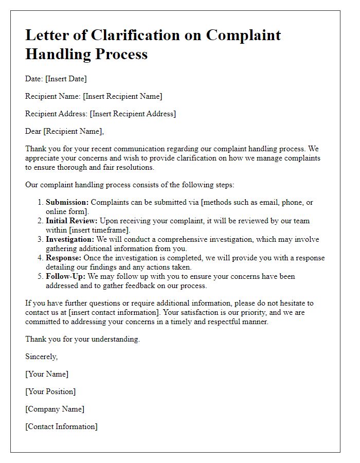 Letter template of clarification on complaint handling process