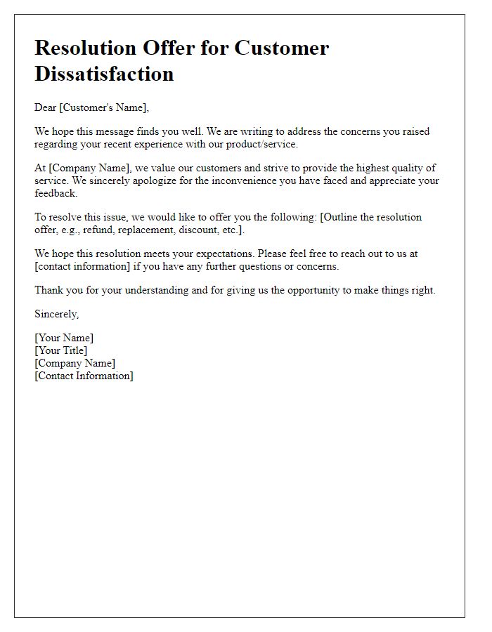 Letter template of resolution offer for customer dissatisfaction