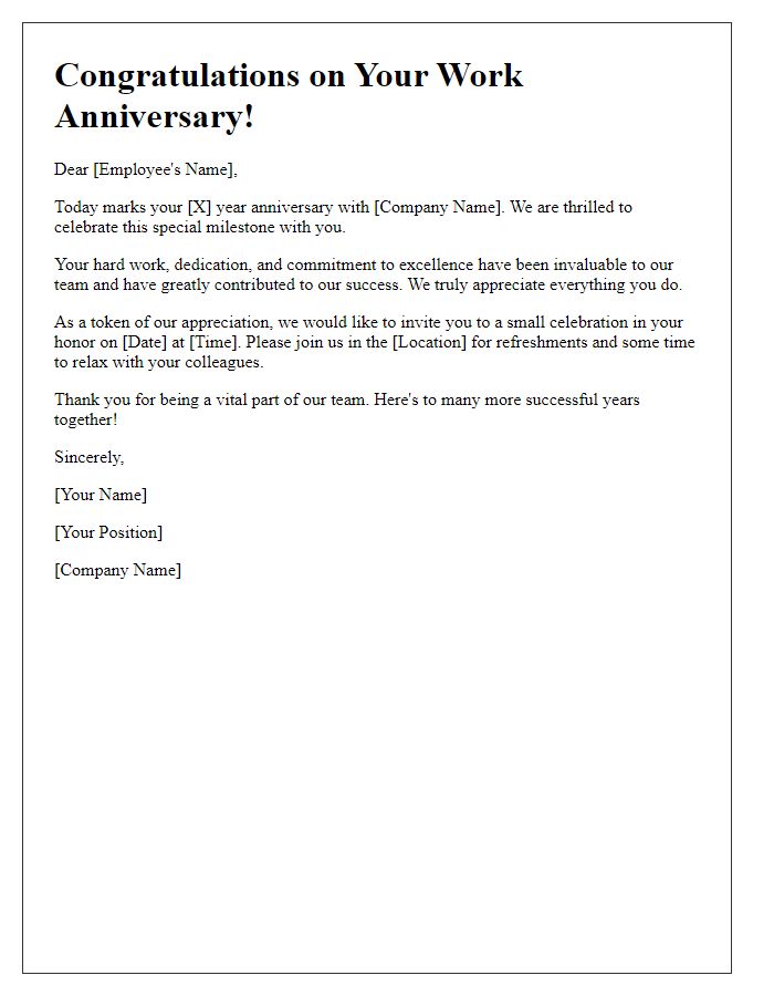 Letter template of retail work anniversary acknowledgment.