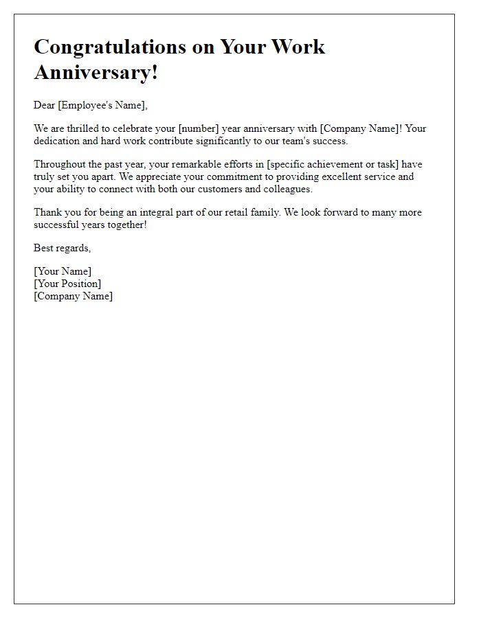 Letter template of retail work anniversary commendation.