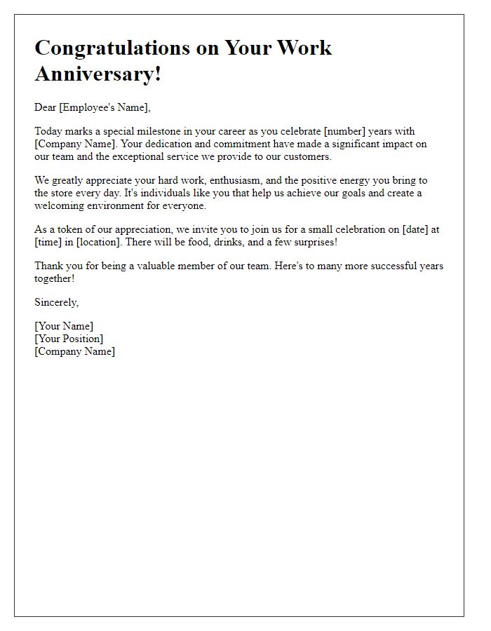 Letter template of retail work anniversary honors.