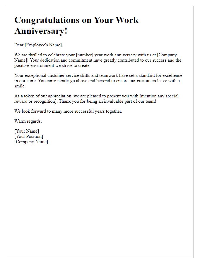 Letter template of retail work anniversary special mention.