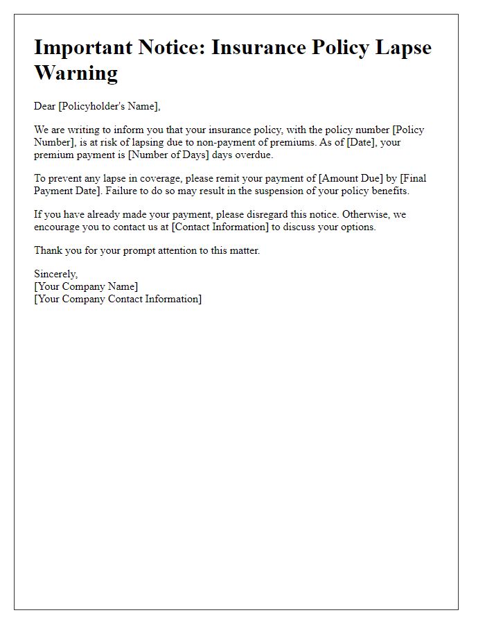 Letter template of insurance policy lapse warning