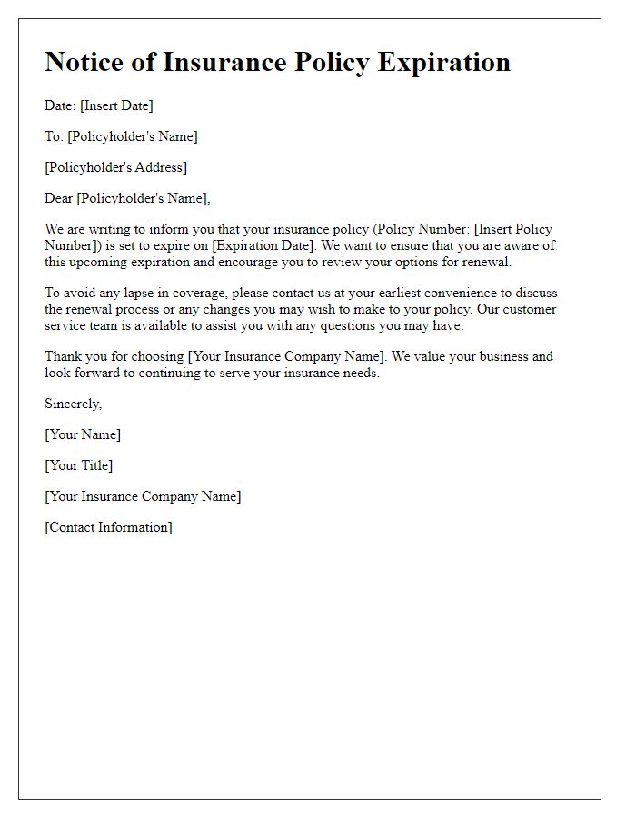 Letter template of notice for insurance policy expiration