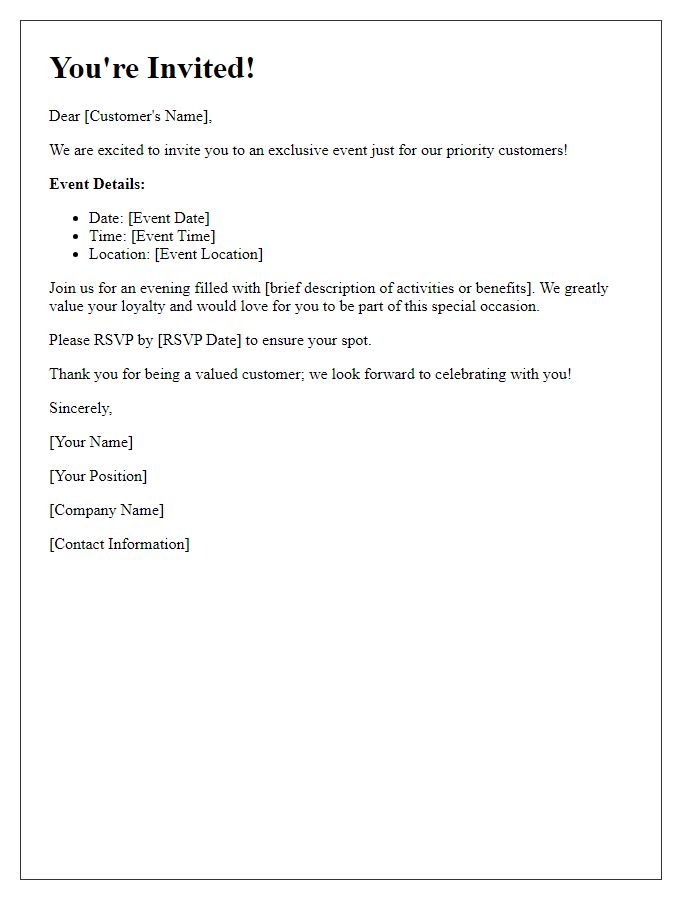 Letter template of personalized invitation for priority customers