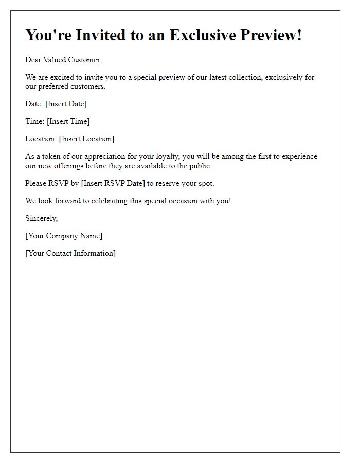 Letter template of special preview invitation for preferred customers