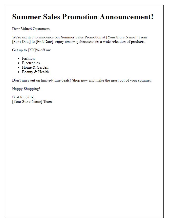 Letter template of Summer Sales Promotion Announcement for E-commerce Platforms